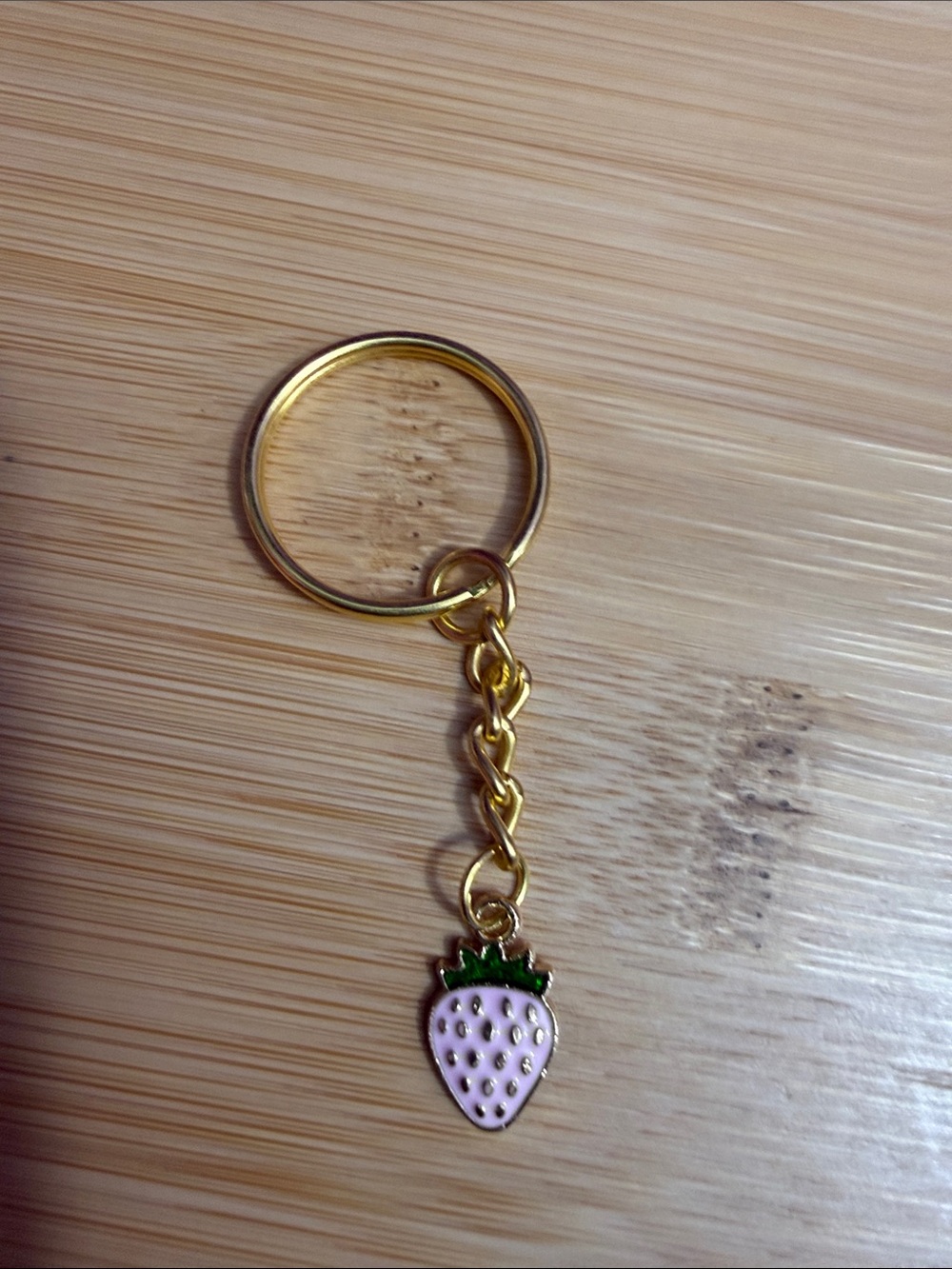 Gold Strawberry Charm Key Ring - Pink Fruit Accent